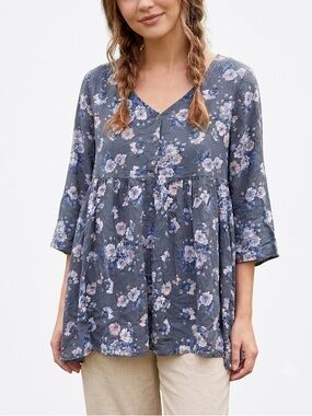 April Cornell Top Floral Peasant Size Medium Cottagecore Blue Grey